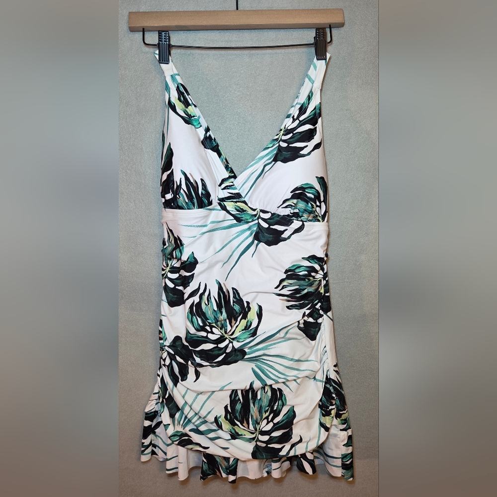 Floral V-Neck White and Green Women’s Swim Dress